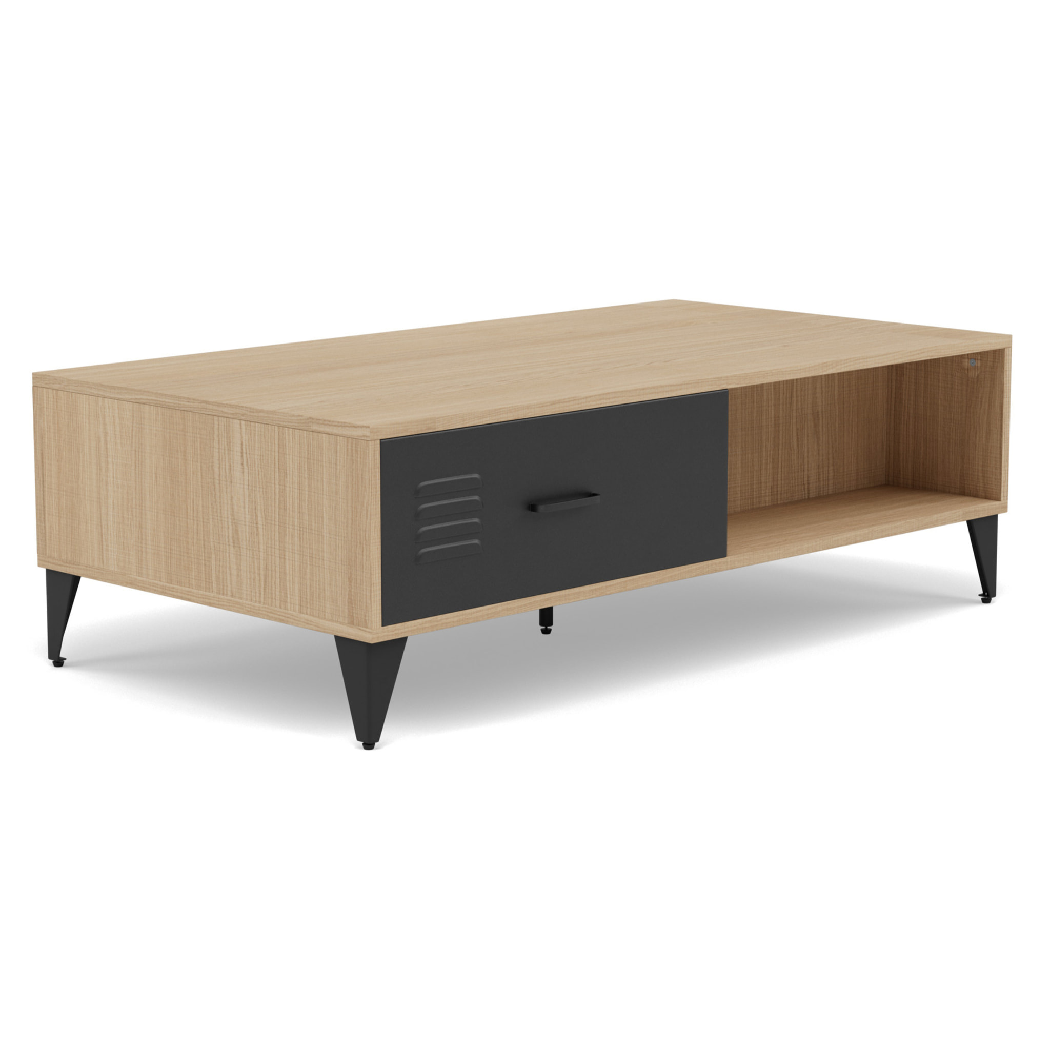 Tribeca - table basse - effet bois et métal noir - 1 tiroir et 1 niche - 110 cm - Bois / Noir