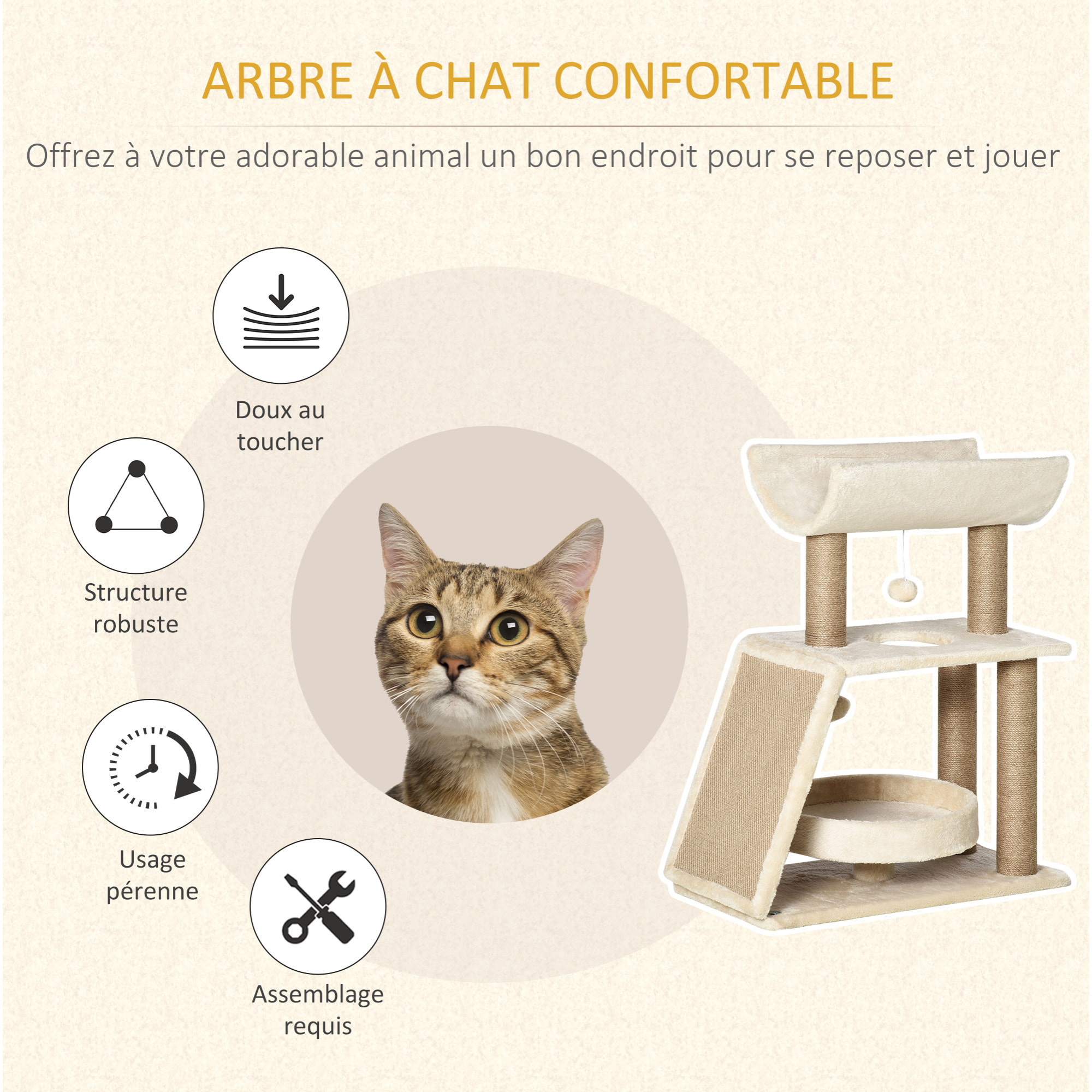 Arbre à chat griffoirs grattoir jeu boules suspendues plateformes ronde, rectangulaire et demi-cylindrique peluche jute naturelle beige