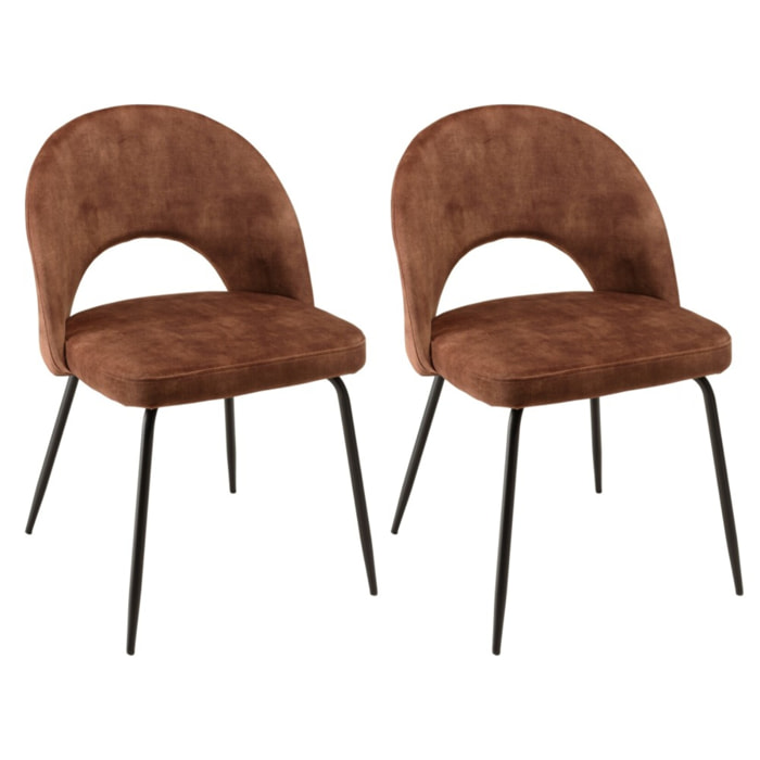 TOM - Lot de 2 chaises velours acajou dossier ouvert pieds acier noir