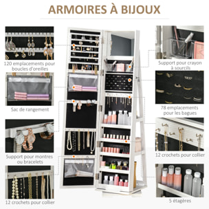 Armoire à bijoux pivotante verrouillable avec miroir - armoire bijoux multi-rangement - MDF gris clair