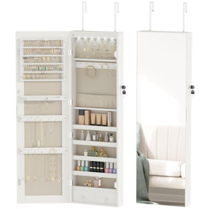 Espejo Joyero con Luz LED, Armario Joyero Montado en la Pared o en la Puerta, Armario para Joyas con Cerradura, Espejo Entero, Blanco