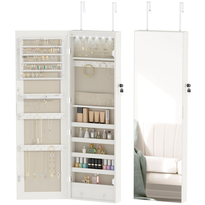 Espejo Joyero con Luz LED, Armario Joyero Montado en la Pared o en la Puerta, Armario para Joyas con Cerradura, Espejo Entero, Blanco