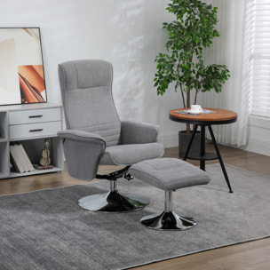 Fauteuil relax style contemporain - pivotant, dossier inclinable, repose-pied - piètement acier chromé tissu gris