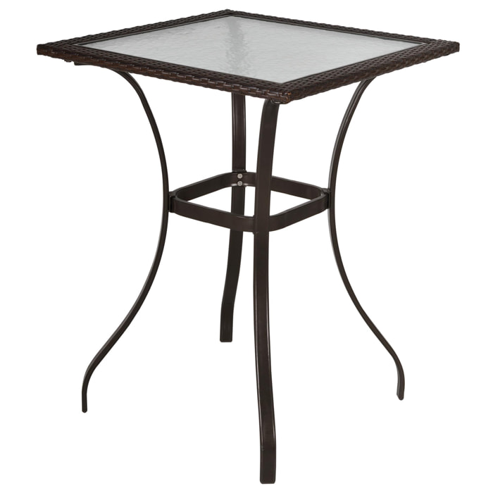 Table carrée bistro de jardin dim. 72L X 72l x 94H cm métal époxy résine tressée chocolat plateau verre trempé