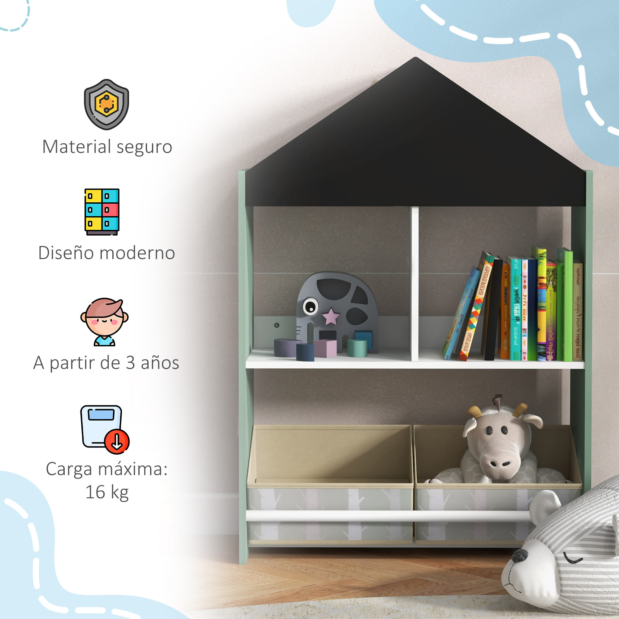 Estantería para Juguetes Organizador Infantil con Estantes Abiertos y 2 Cajas de Tela no Tejida Extraíbles para Sala de Juegos Habitación Guardería 62,4x26,5x90 cm Verde