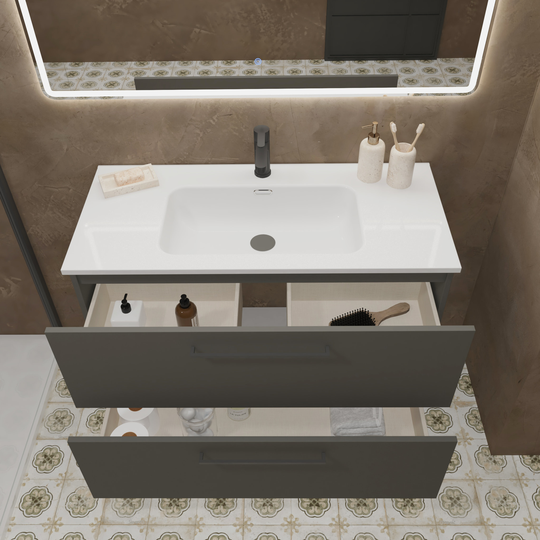 Conjunto de Baño Vex | 100 cm Gris| Dos Cajones | Lavabo Encastrado | No incluye Espejo | Mueble Montado | Alday