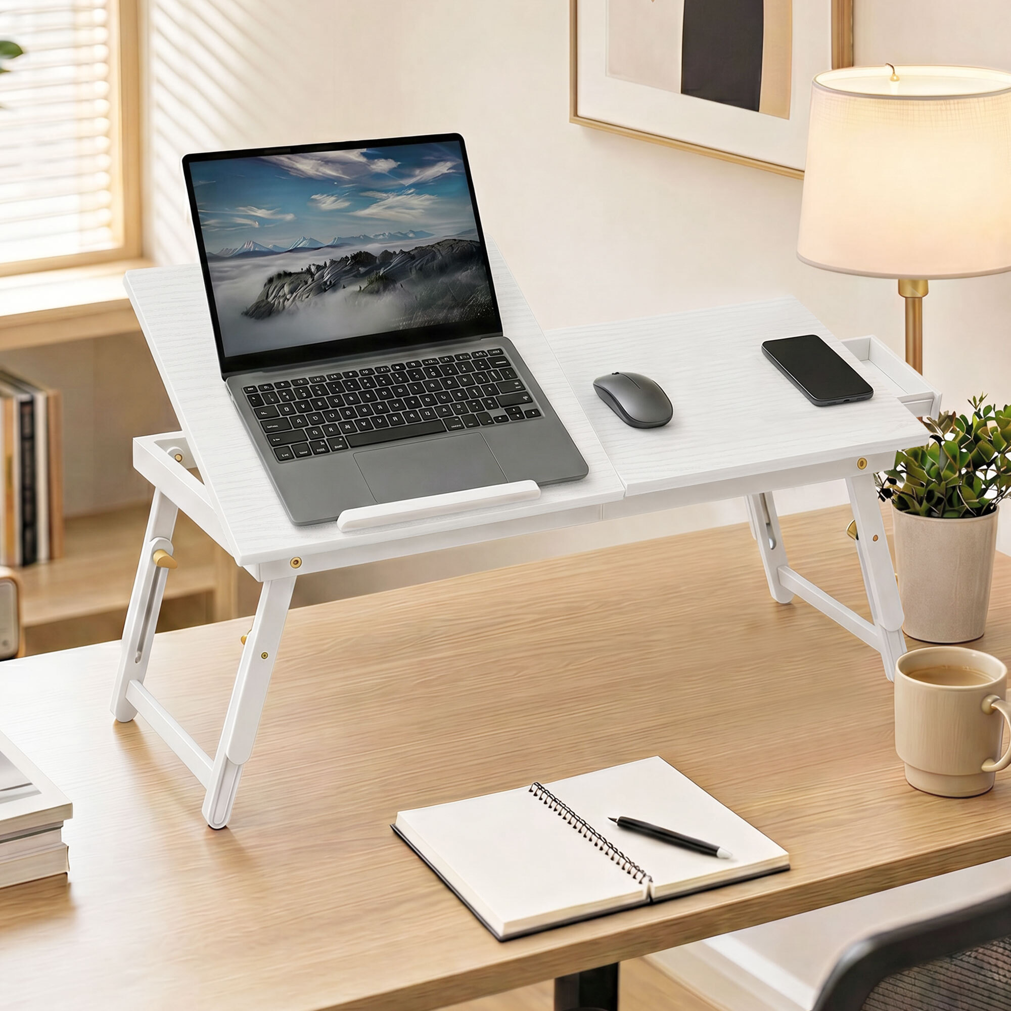 Table de lit pliable réglable pour ordinateur - plateau inclinable, tiroir - bois bambou MDF blanc