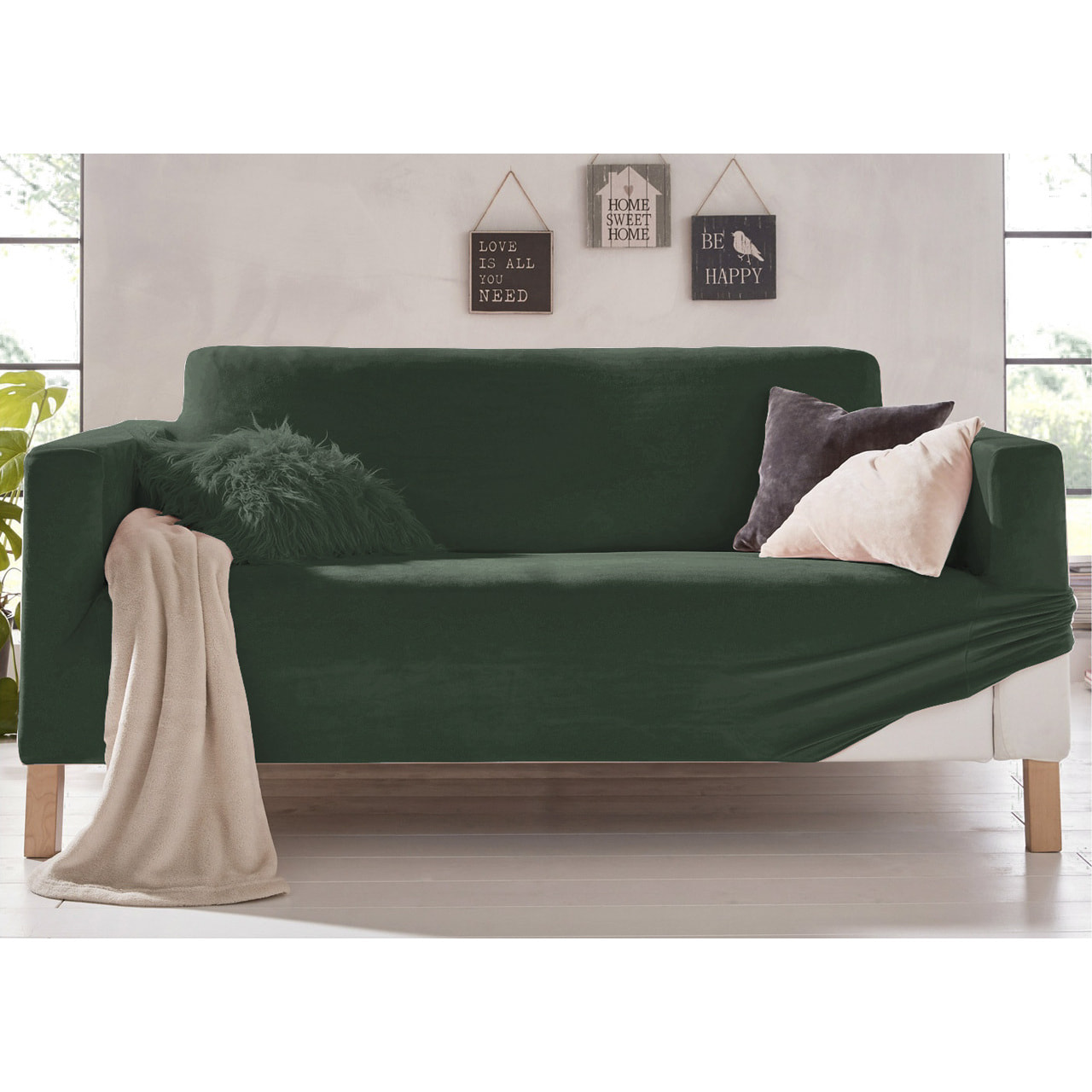 Copridivano 4 Posti Elasticizzato In Tinta Unita Effetto Velluto Modello Morbidissimo Colore Verde