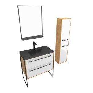 Meuble de salle de bain 80x50cm - vasque noir effet pierre 80x50cm - 2 tiroirs - colonne - miroir