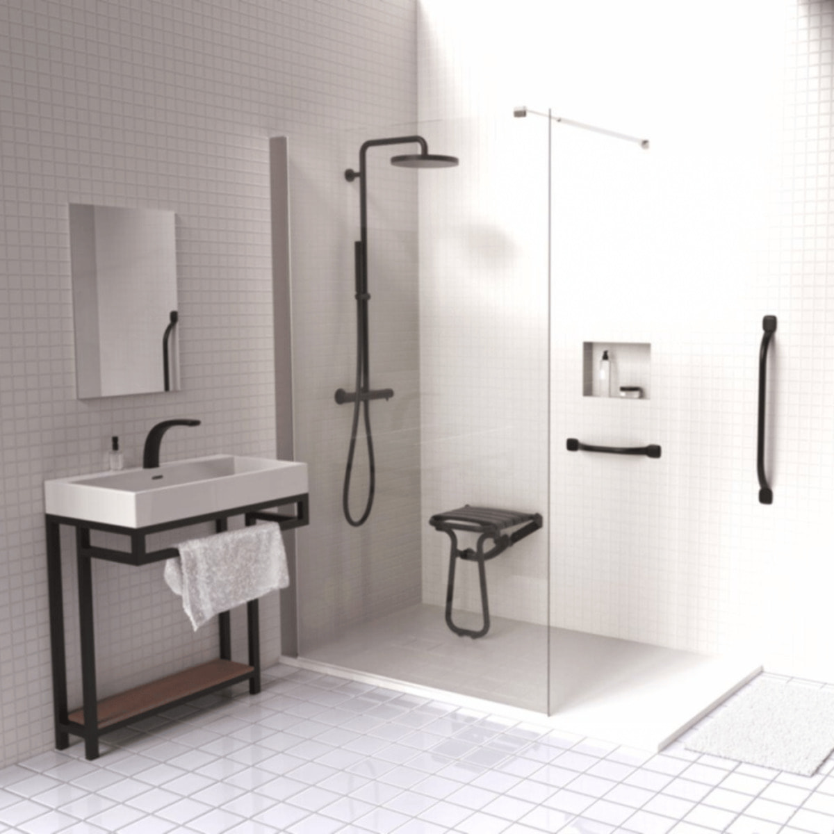 Pack avec siège de douche PMR PELLET escamotable noir mat + 2 barres d'appui 42,5 cm