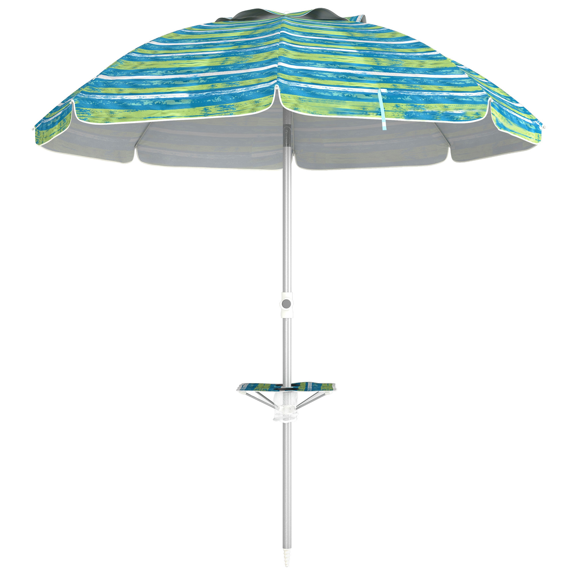 Sombrilla de Playa Ø190x215 cm Parasol para Terraza con Reclinación 45° Altura Ajustable Mesa con Portavasos Anti-UV Impermeable y Bolsa de Transporte para Jardín Piscina Multicolor