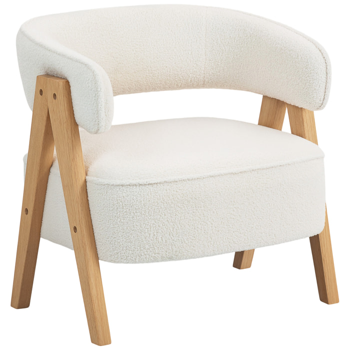 Butaca de Salón Tapizada en Borreguito, Sillón de Lectura Acolchado Grueso y Moderno, Asiento Ancho, Patas de Madera, Respaldo Curvado, para Dormitorio, Oficina, Blanco