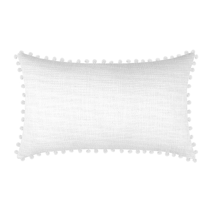 Coussin rectangulaire en coton déhoussable à pompons - Blanc
