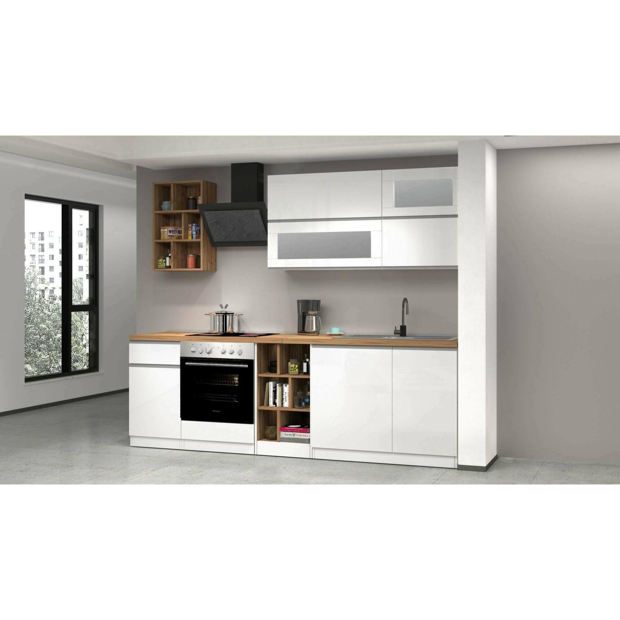 Cucina completa Dcastill, Cucina pratica e salvaspazio, Parete da cucina con 5 ante e 1 cassetto, 100% Made in Italy, 255x60h85 cm, Bianco lucido e Rovere