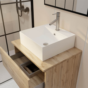 Meuble Salle de Bains 60cm 2 Tiroirs Chêne Naturel + Vasque Carrée 41x41x15cm en Céramique Blanche