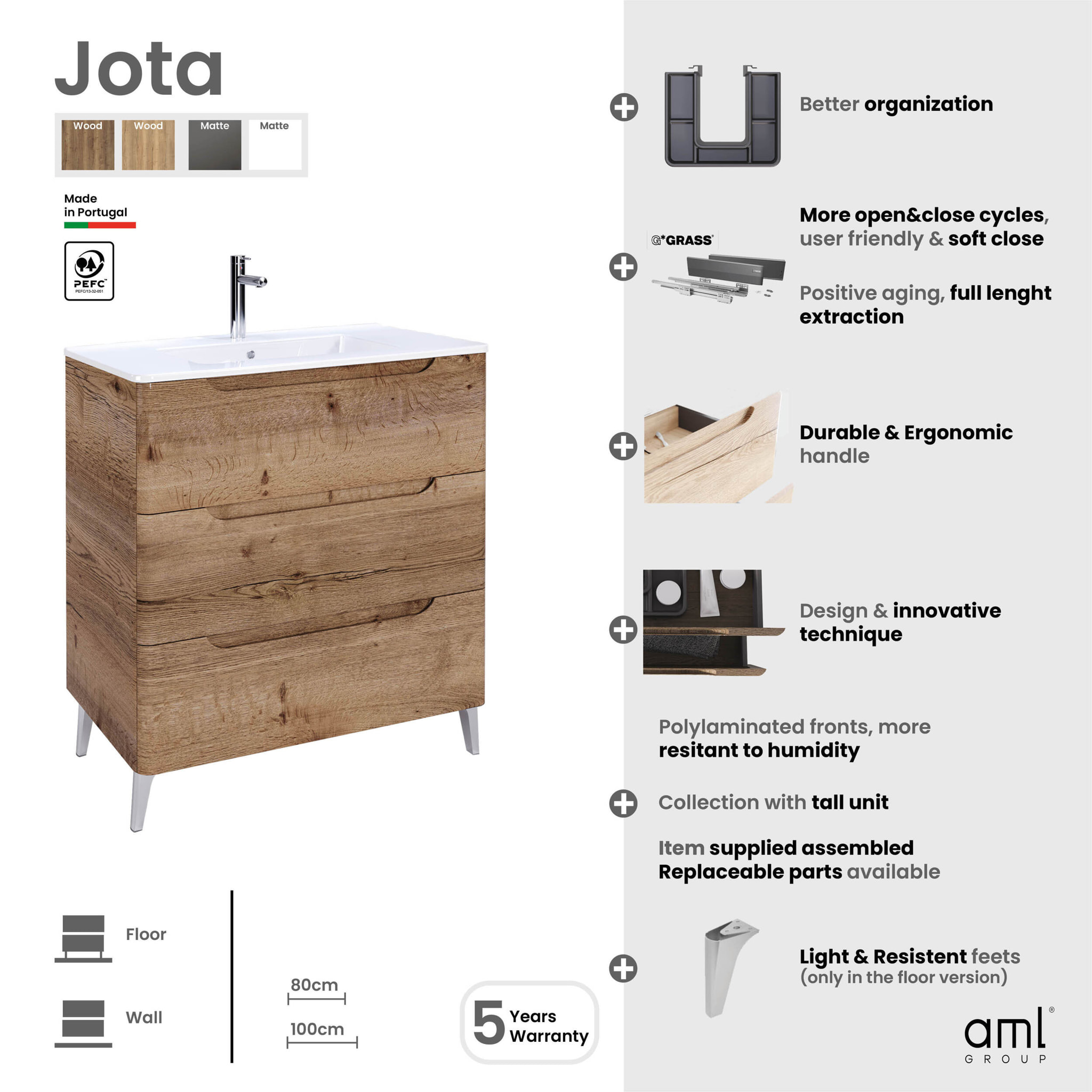 Meuble de salle de bains 80cm 3 tiroirs Chêne Clair - Vasque céramique blanche - JOTA