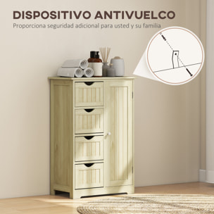 Armario de Baño, Columna de Baño Estrecha con 4 Cajones y Estante Ajustable, Estilo Moderno, para Espacios Pequeños, 56x30x83 cm, Madera Natural