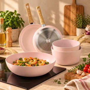 Batterie de cuisine 5 pièces en aluminium recyclé rose - tous feux COLORAMA