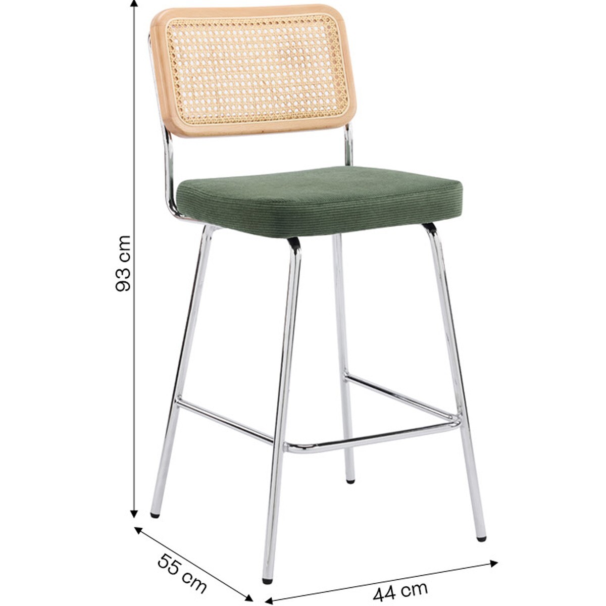 Lot de 2 chaises de bar en cannage et velours côtelé, piètement chromé - MUSE