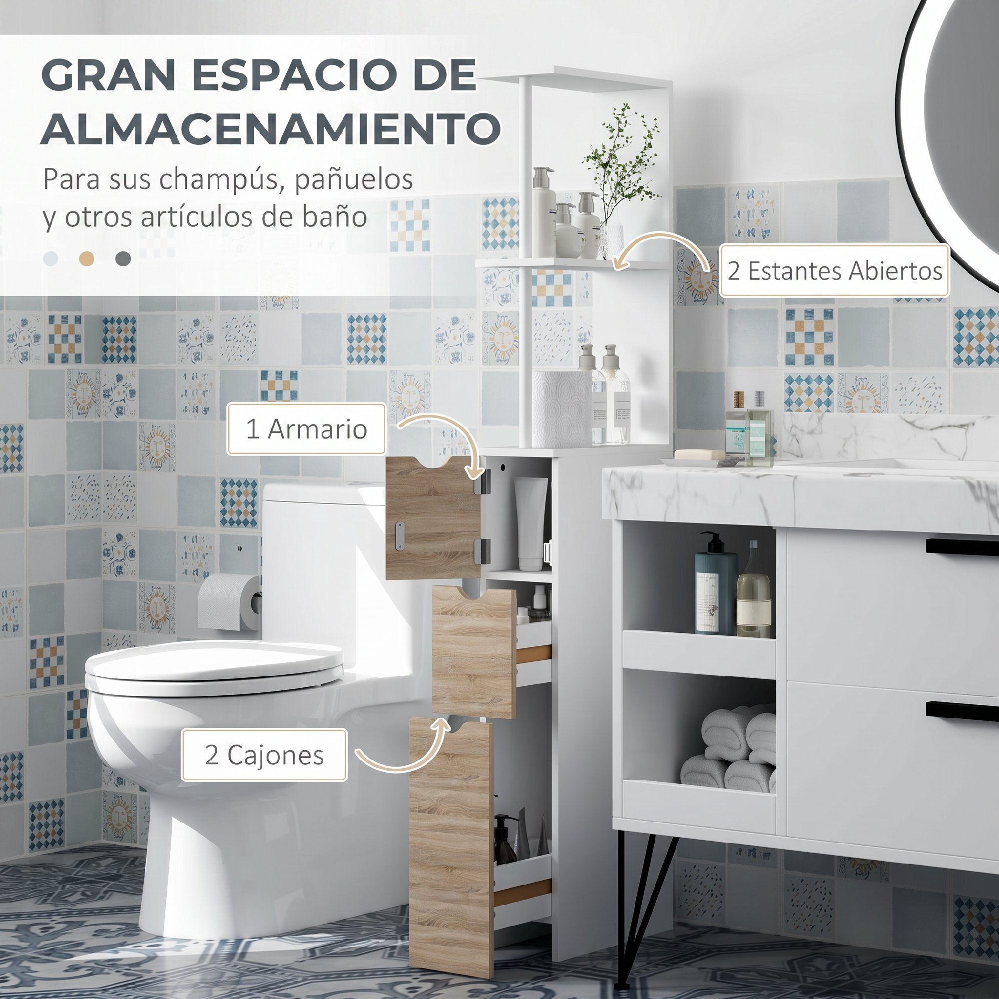 Columna Auxiliar de Baño Estrecha Armario Alto de Baño Moderno Mueble Auxiliar con 2 Estantes 2 Cajones y 1 Puerta Antivuelco 15x33x136,8 cm Natural