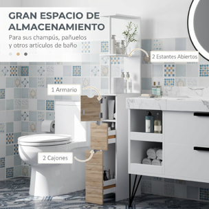 Columna Auxiliar de Baño Estrecha Armario Alto de Baño Moderno Mueble Auxiliar con 2 Estantes 2 Cajones y 1 Puerta Antivuelco 15x33x136,8 cm Natural