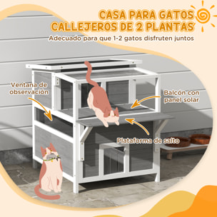 para Gatos de Madera 64x87x76 cm Casa para Gatos de 2 Niveles Refugio para Gatos con Techo Asfáltico Ventana y Puerta con Cortina para Interior y Exterior Gris Claro
