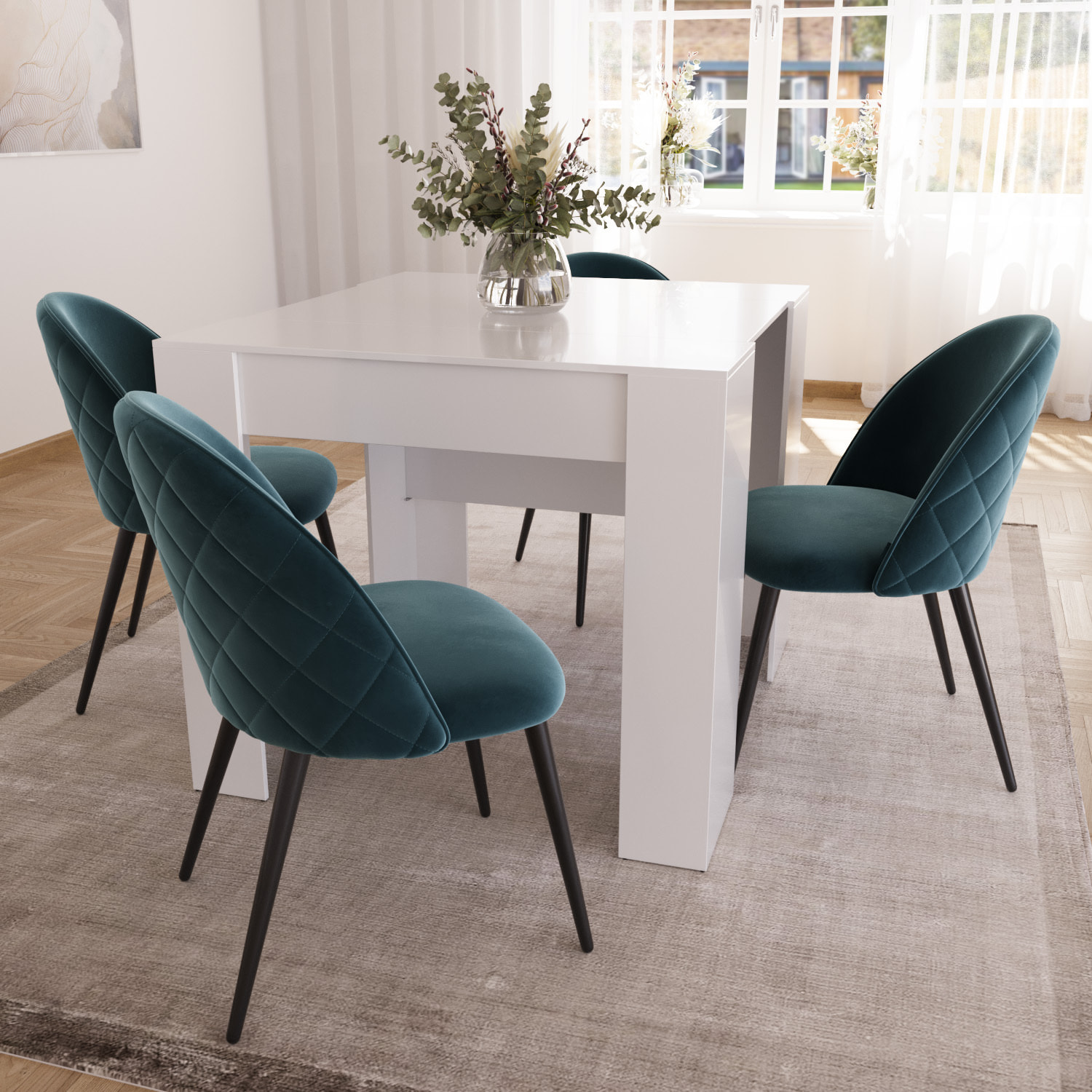 Set di 4 Sedie Imbottite Da Pranzo In Velluto Sedia Gambe In Metallo Nero Schienale Soggiorno Salotto Camera 43 x 47.5 x 80 Cm (Blu)