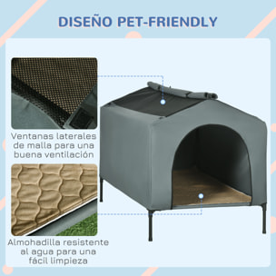 Caseta para Perros con Cubierta Exterior 130x85x95 cm Cama Elevada para Mascotas con Cojín y Ventanas de Malla Enrollable para Perros Grandes Gris