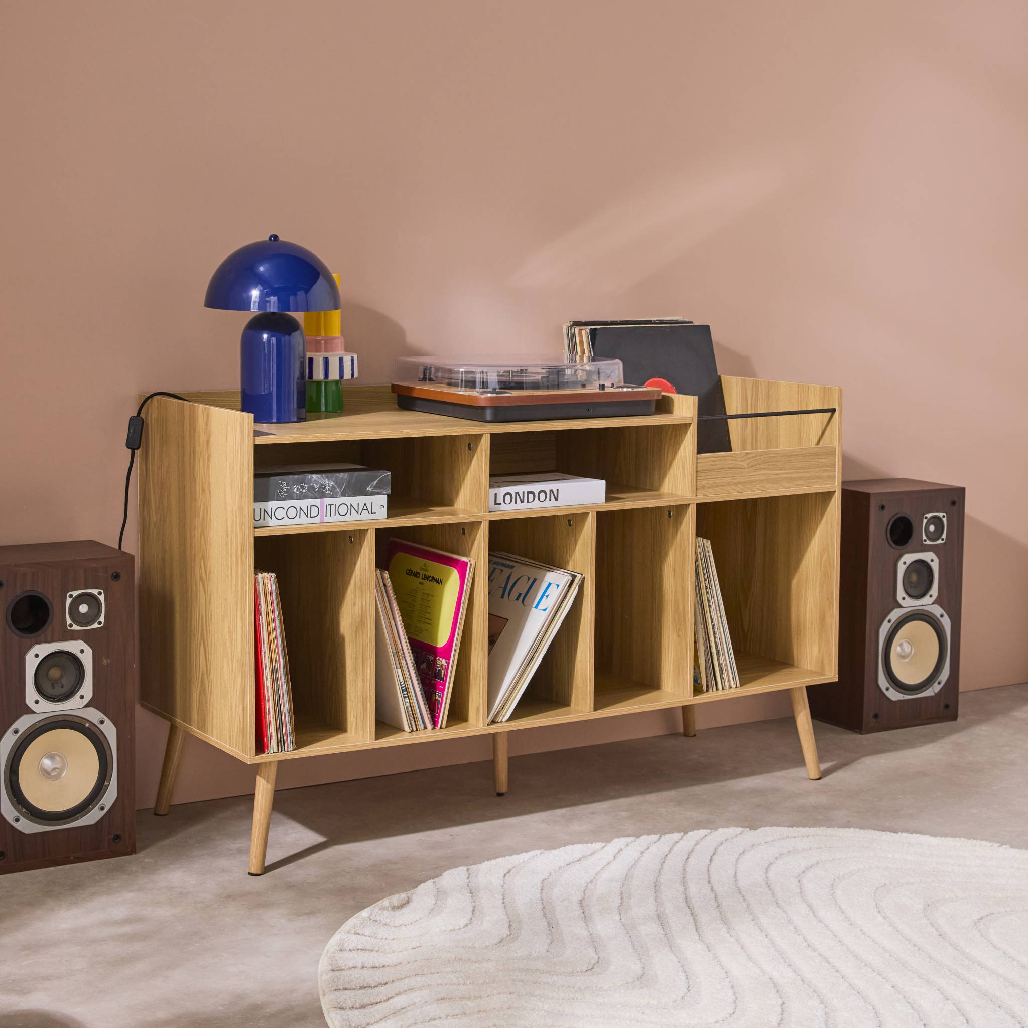 Meuble vinyle XL vintage décor bois 130cm DUNE