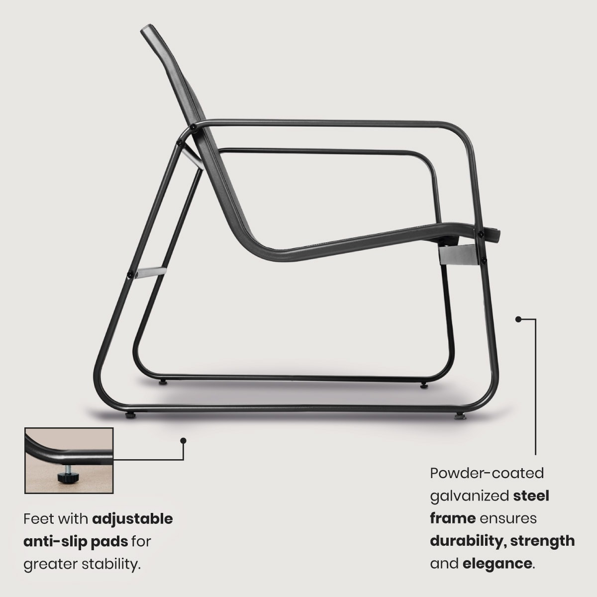 Conjunto de jardín 4 plazas, mesa centro+sofá+sillones de acero negro