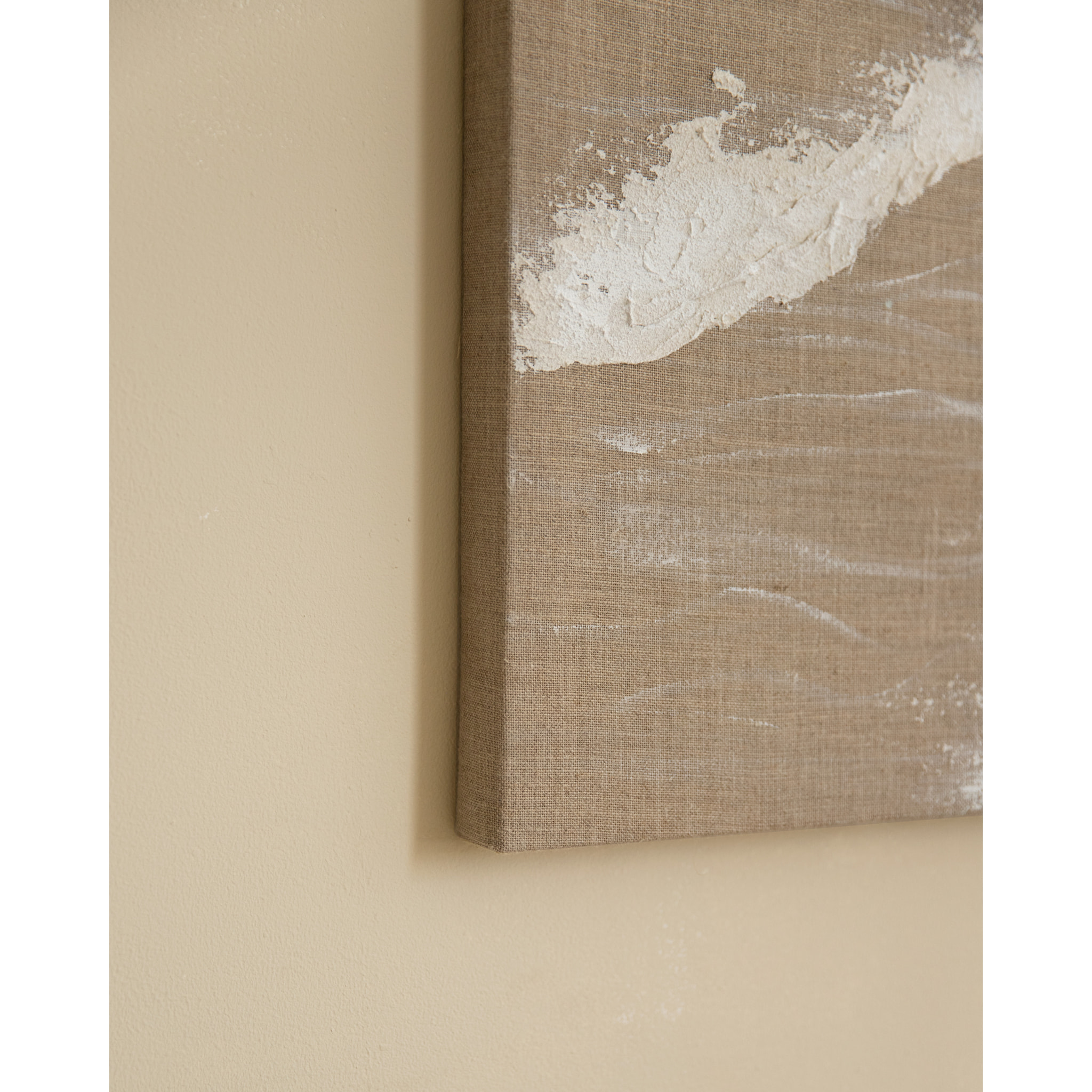 Tableau beige et blanc décoratif sur lin avec cadre en bois peint à la main à la peinture à l'huile en différentes tailles