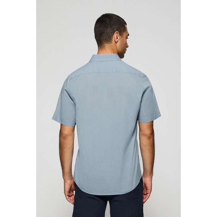 Camicia celeste a maniche corte in lino-cotone con ricamo Rigby Go