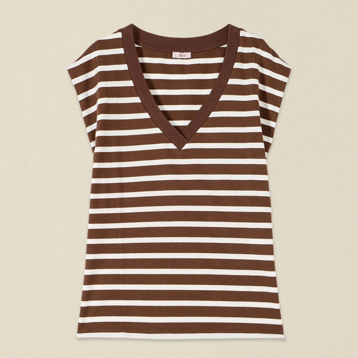 Oltre - T-shirt scollo a V a righe - Marrone