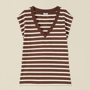 Oltre - T-shirt scollo a V a righe - Marrone