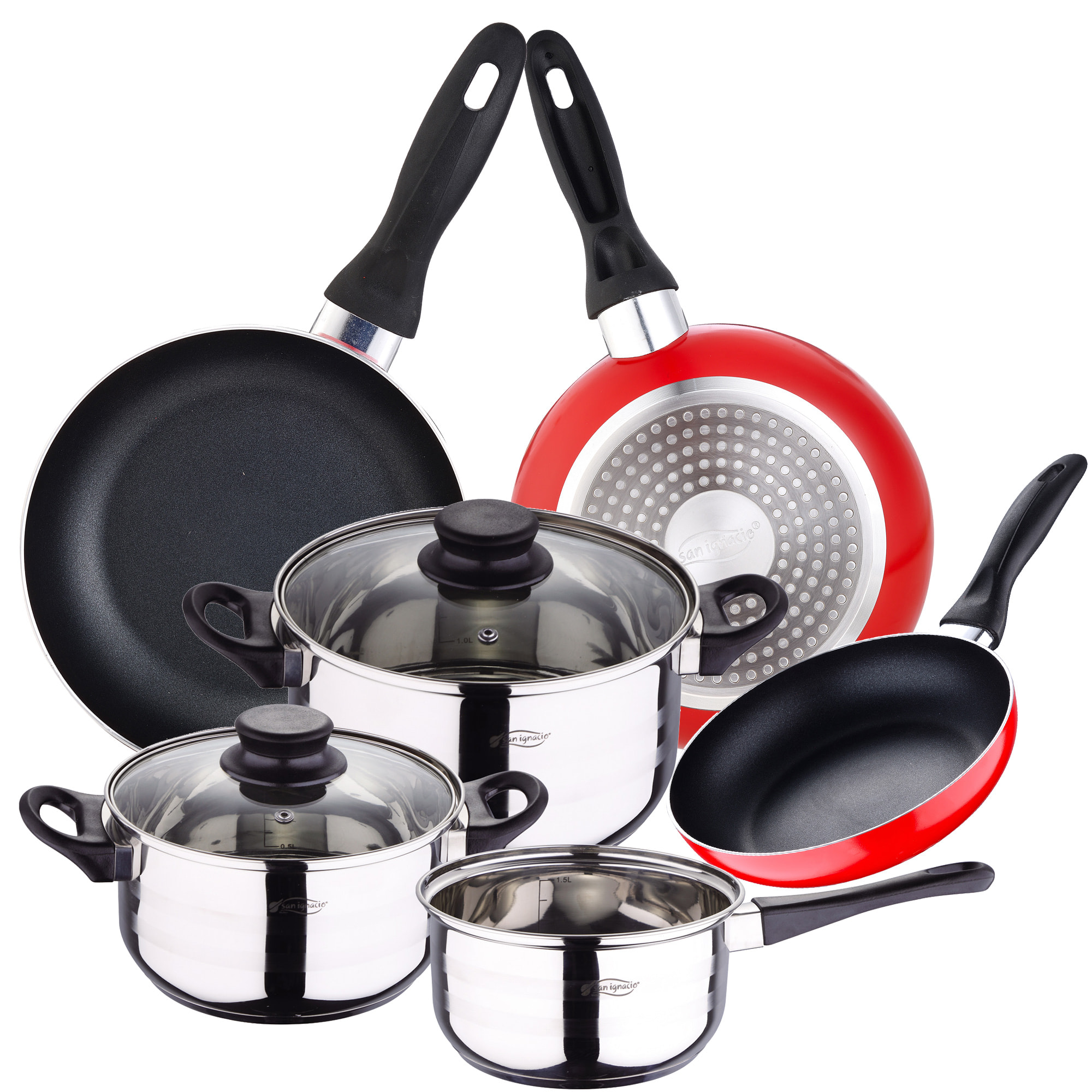 Batería de cocina 5 piezas acero inoxidable y set 3pcs sartenes 16/20/24 rojo