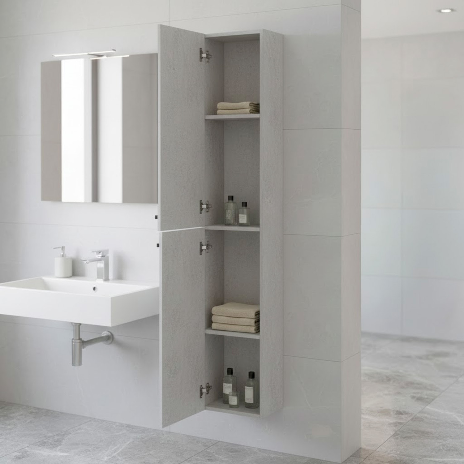 Mobile Alto Da Bagno Sospeso Con 2 Ante E 3 Mensole Interne Colonna Moderna Sospesa Salvaspazio Melaminico Chiusura Assistita Design Industriale Lavanderia Ingresso 150 x 30 x 25 Cm Grigio Cemento
