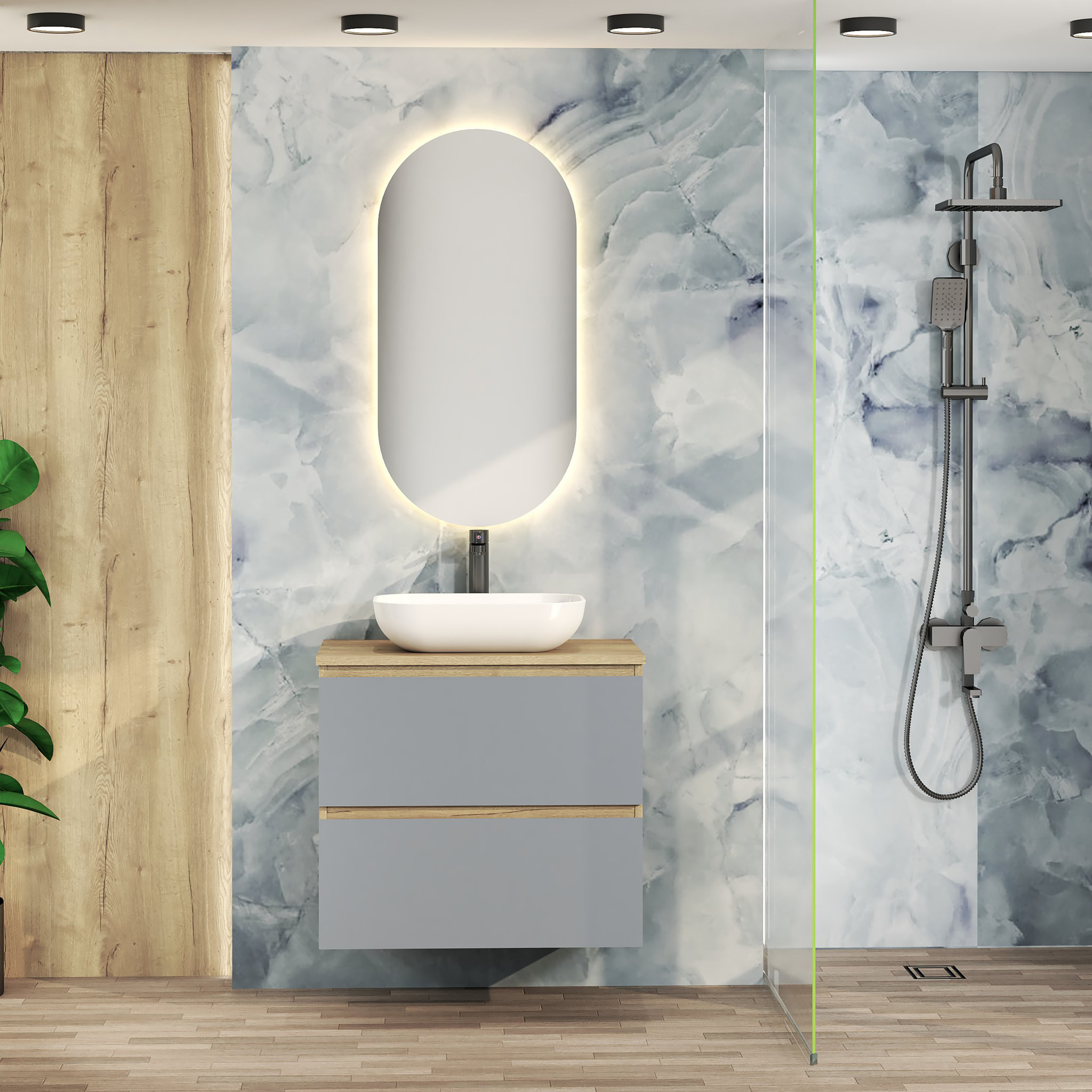 Conjunto de Baño Nia | Mueble Suspendido | 70 cm Azul | Dos Cajones | Lavabo Sobrepuesto | No incluye Espejo | Mueble Montado| Alday