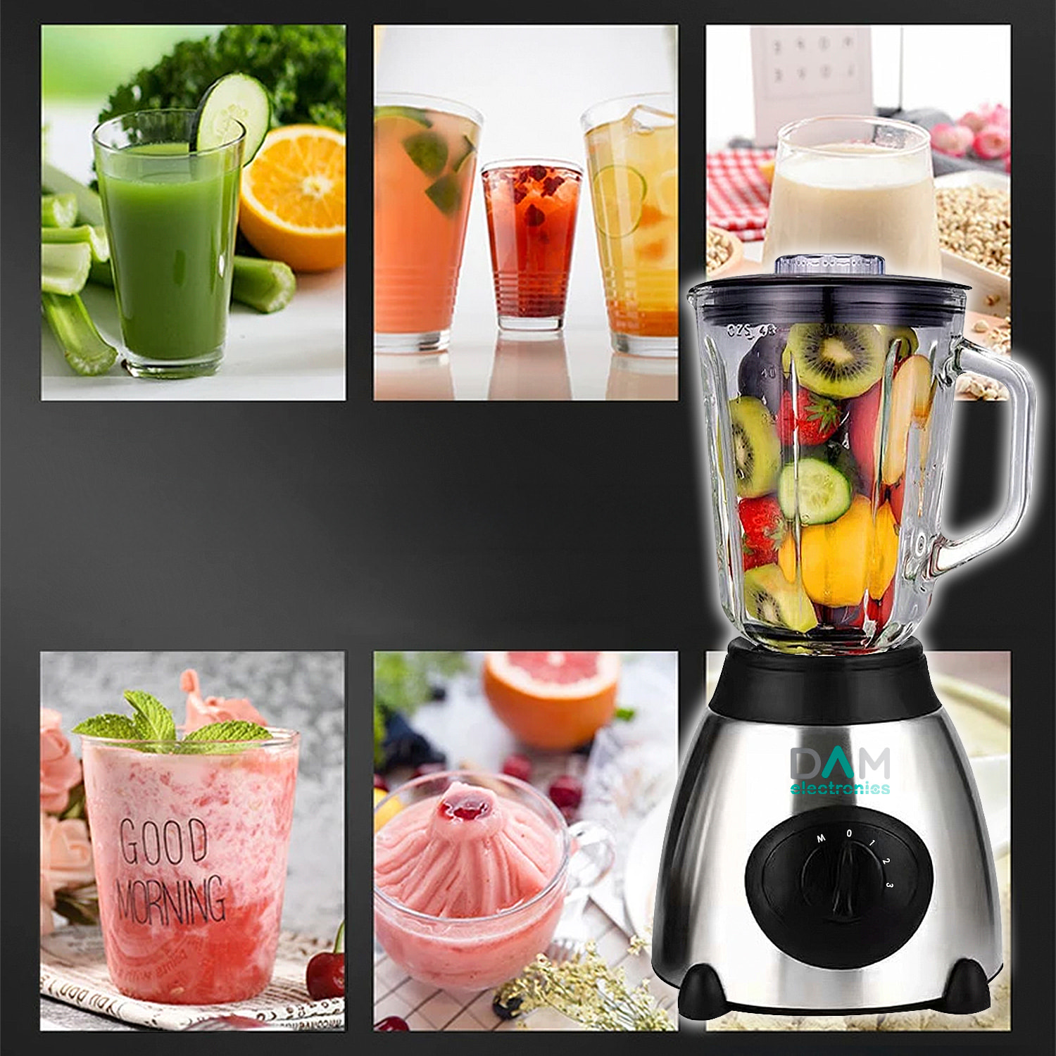 Frullatore 2 in 1 in vetro 1,5L in acciaio inox. Caraffa in vetro, 1500W, lame in acciaio inox, tritaghiaccio, frullati, succhi. 3 velocità. Bicchiere ausiliario.