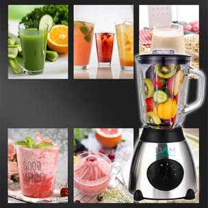 Frullatore 2 in 1 in vetro 1,5L in acciaio inox. Caraffa in vetro, 1500W, lame in acciaio inox, tritaghiaccio, frullati, succhi. 3 velocità. Bicchiere ausiliario.