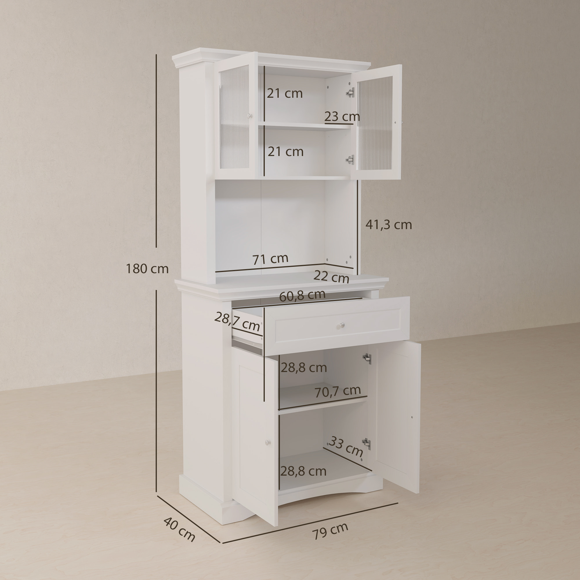 Alacena de Cocina Moderna Armario de Cocina con 1 Cajón 2 Puertas de Vidrio y Estantes Ajustables Carga 50 kg para Comedor Salón 79x40x180 cm Blanco
