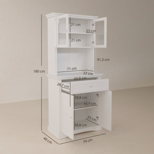 Alacena de Cocina Moderna Armario de Cocina con 1 Cajón 2 Puertas de Vidrio y Estantes Ajustables Carga 50 kg para Comedor Salón 79x40x180 cm Blanco