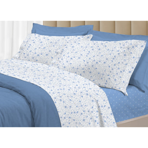 Completo Lenzuola Linea 3027 In Percalle Fantasia Floreale Disegno Melody Azzurro