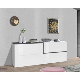 Credenza moderna a 4 ante, Made in Italy, Madia da cucina, Buffet di design da soggiorno, cm 210x40h80, colore Bianco lucido e Grigio Ardesia