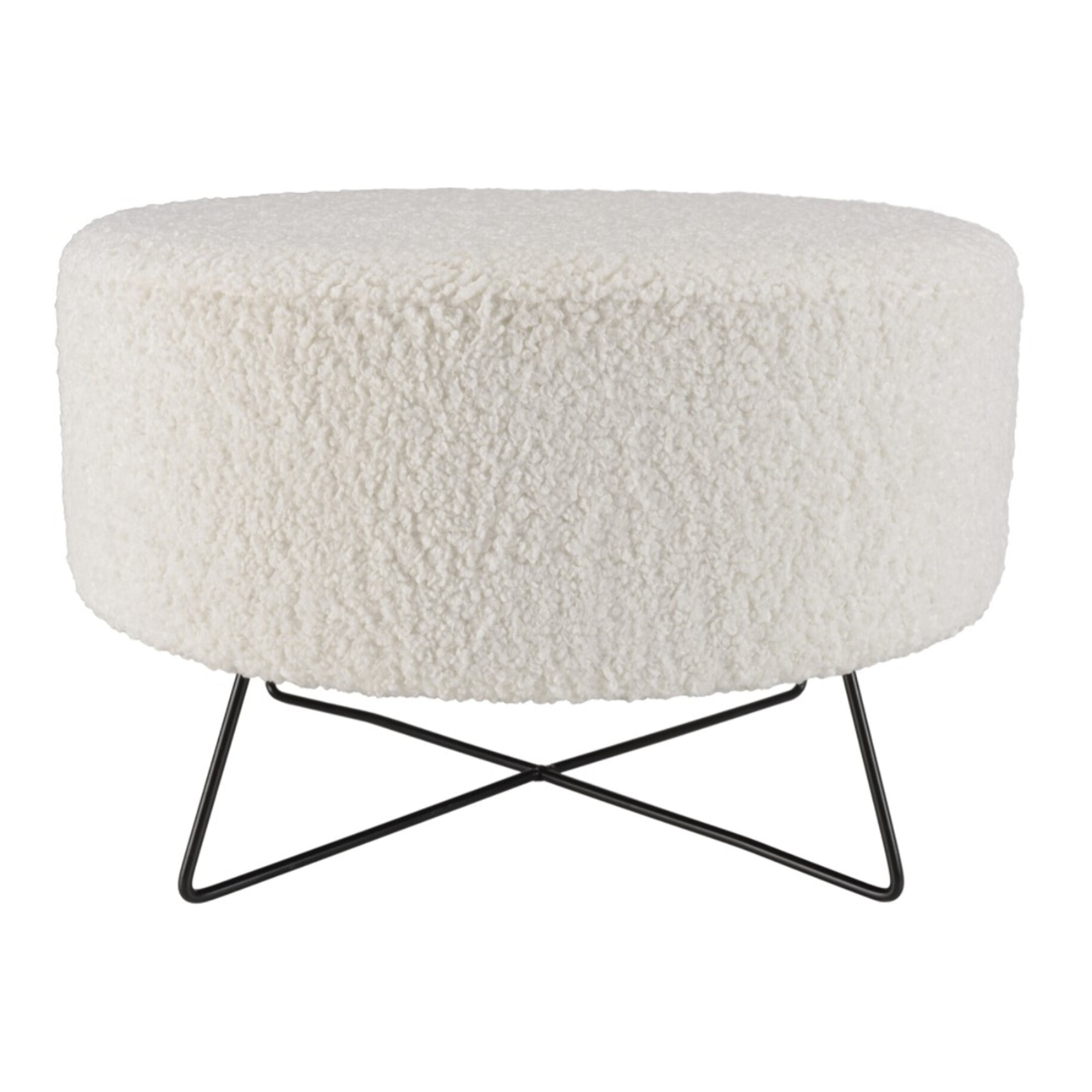AGATHE - Pouf rond tissu bouclette blanc pieds croisés métal noir