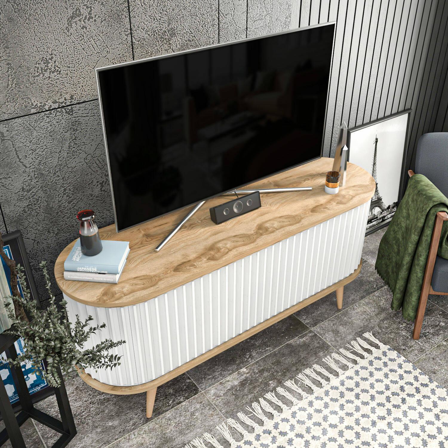 Mobile porta TV Desteve, Credenza da soggiorno, Armadio basso per TV, Base parete attrezzata, 140x43h64 cm, Quercia e Bianco