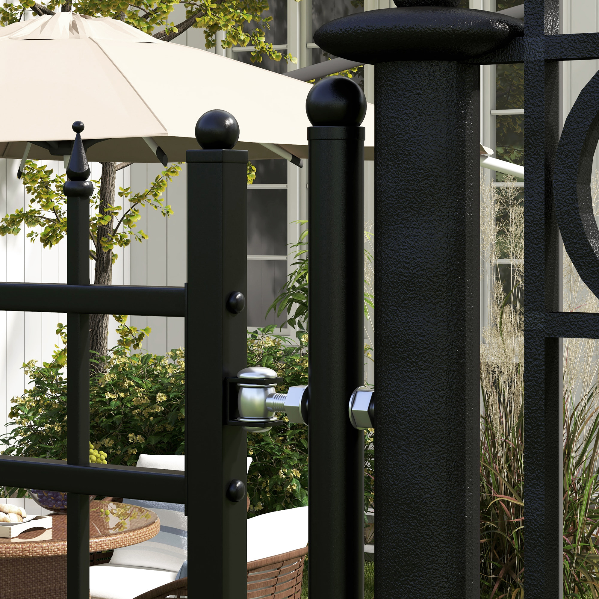 Puerta de Jardín Puerta para Valla de Acero Galvanizado con Decoración de Flechas Cerradura y Llaves Puerta para Exterior Patio 107x204 cm Negro