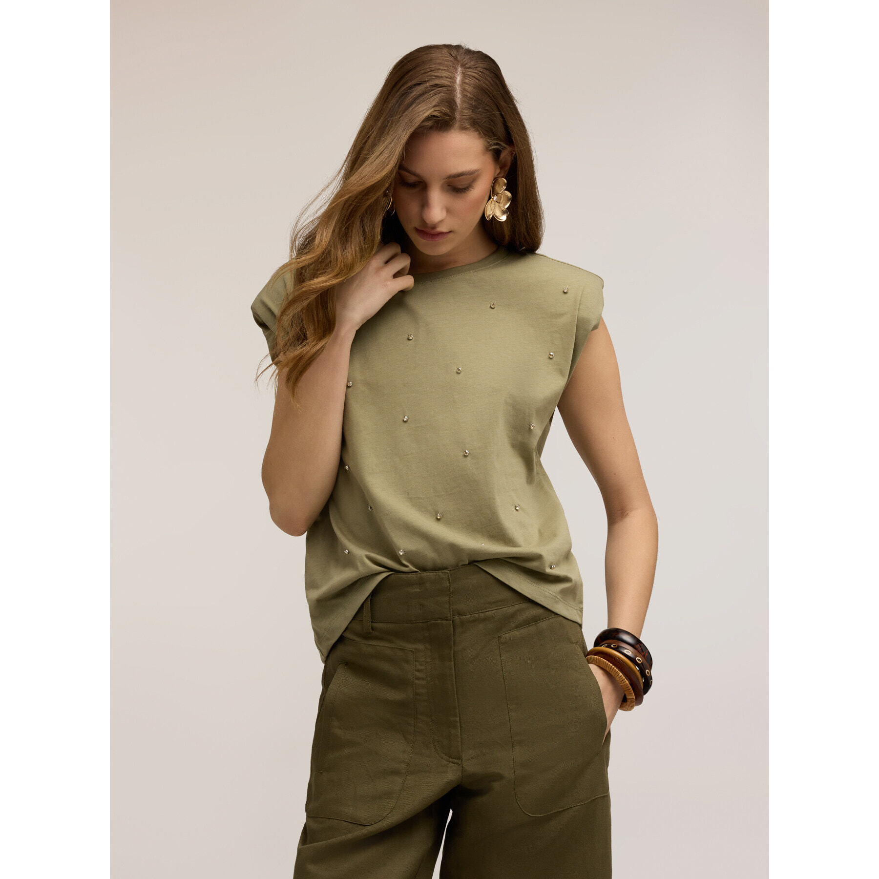 Motivi - T-shirt con applicazioni di pietre - Verde militare