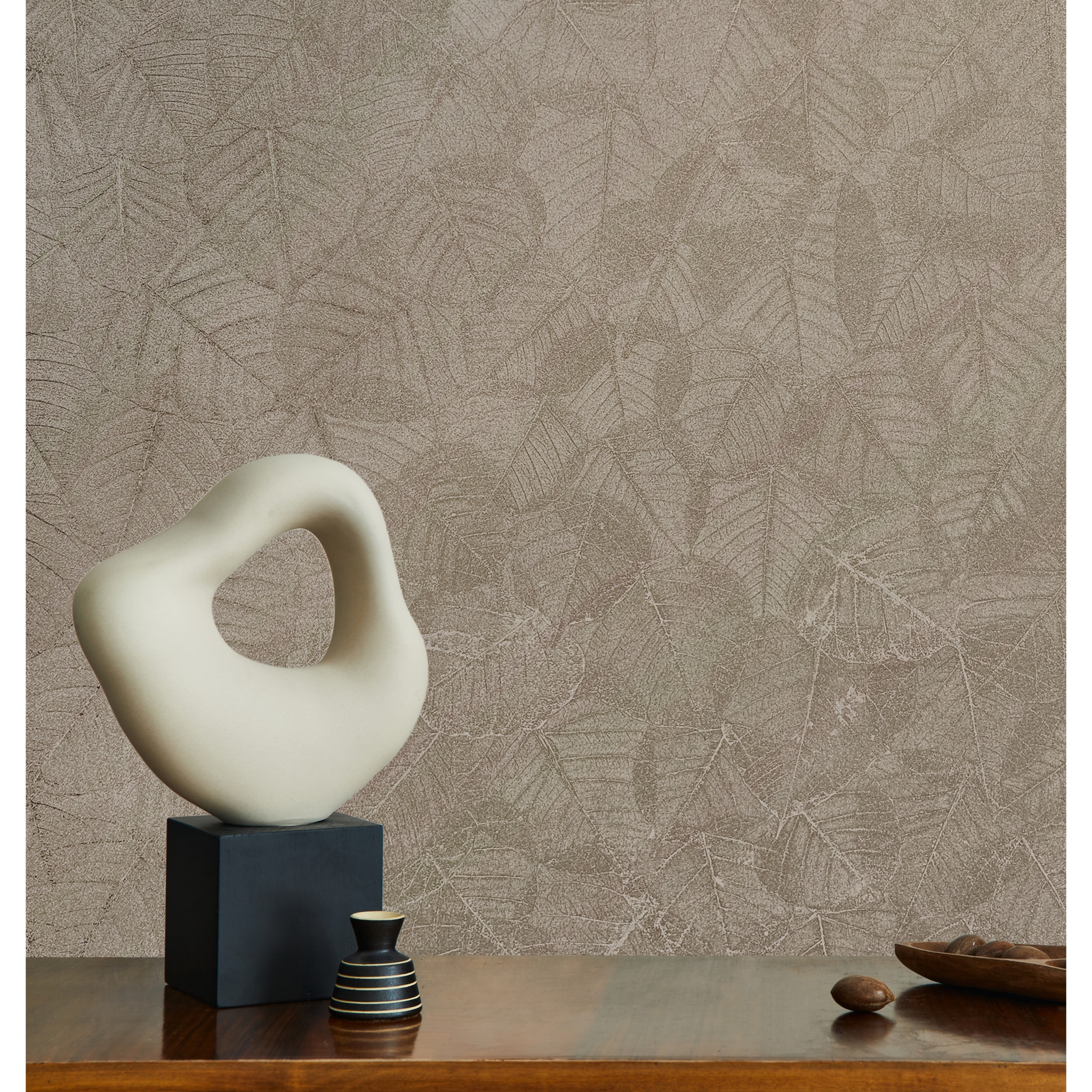 Papier peint feuillage texturé taupe chaud