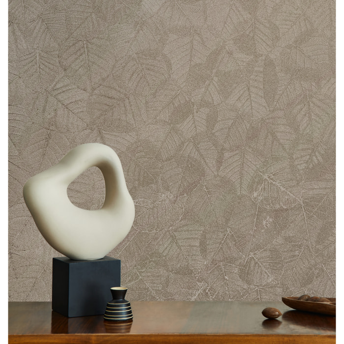 Papier peint feuillage texturé taupe chaud