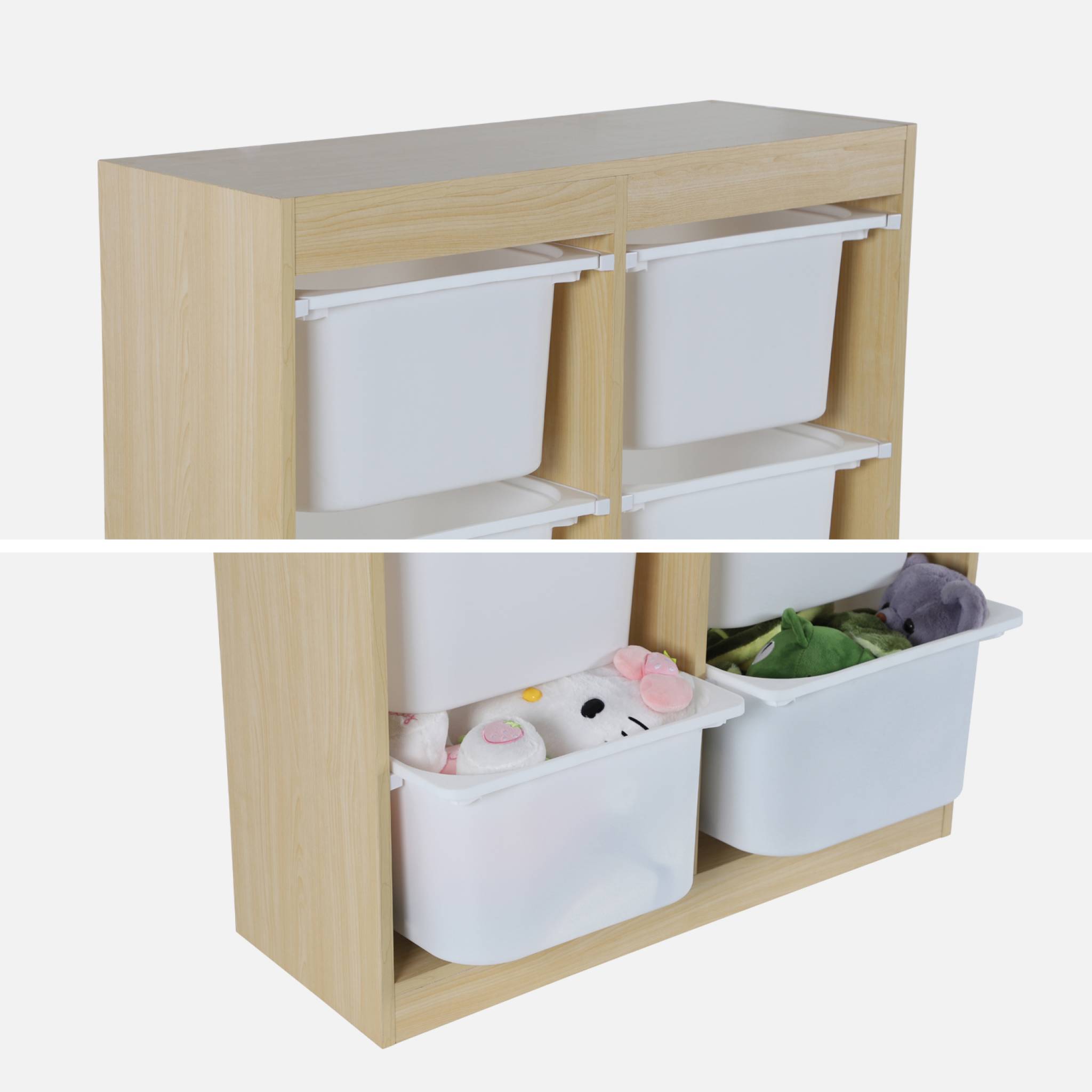 Meuble de rangement enfant. naturel. 6 bacs de rangement en plastique